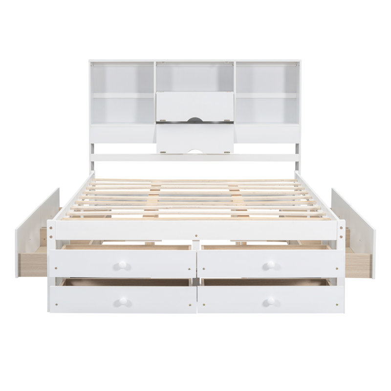 Grand lit plateforme avec tête de lit et 8 tiroirs, blanc