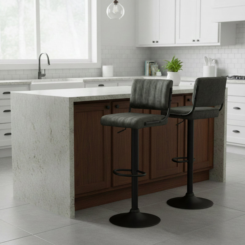 Swivel Upholstered Adjustable Height Counter Stool with Metal Frame, Grey