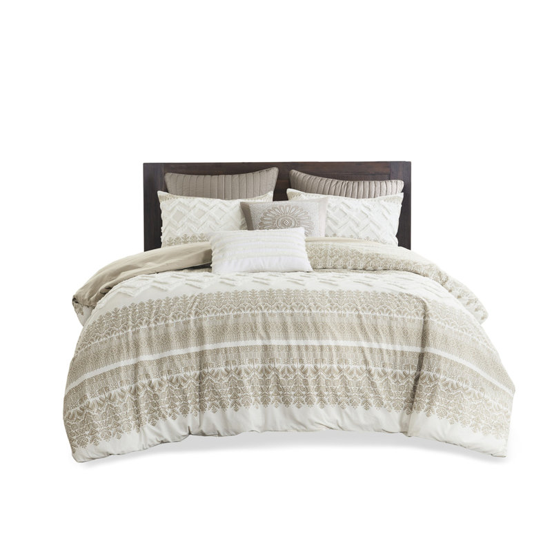 Housse de couette en coton double / grand, chenille, sensation romantique, imprimé, réversible taupe, fermeture à boutons, lavable à la machine 3 pièces double / grand, capitonnage, style naturel, design, revers, literie