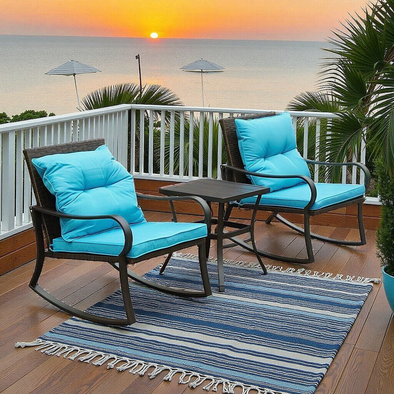 2PC Outdoor Rocking Chairs Seating Group With Cushions & Coffee Table, Blue