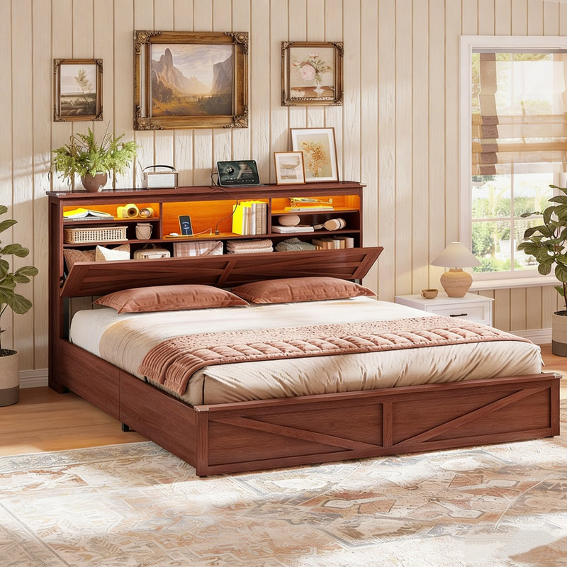 Farmhouse Twin Bed Frame with Hydraulic Lift Storage, LED Lights & Charging Station, Brown, Twin, Brown