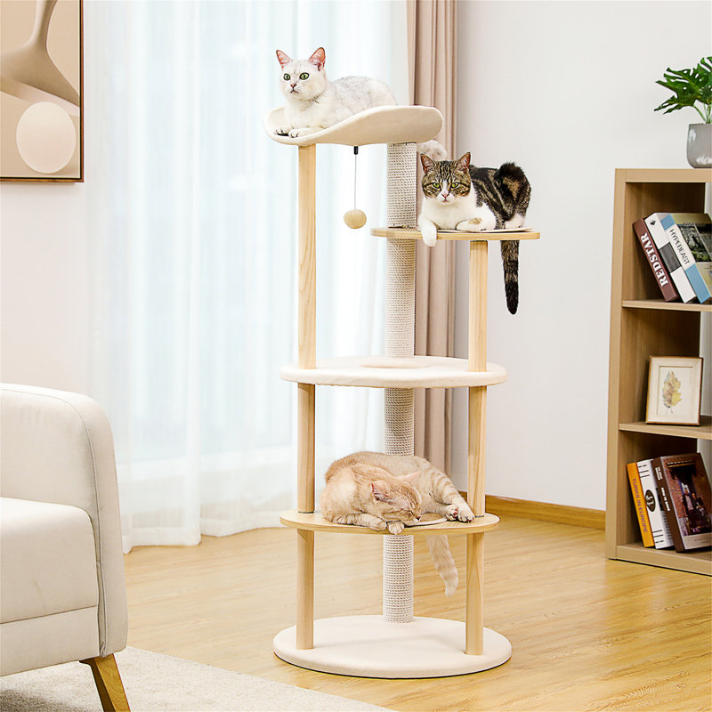 Tour à chat en bois pour chats d'intérieur, maisonnette grimpante à 5 niveaux avec poteaux à griffer en sisal beige