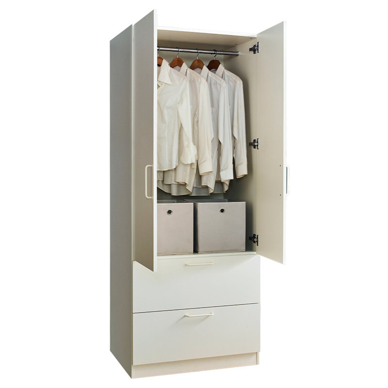 Two-Door Wood Closet with Two Drawers and Hanging Bars, White