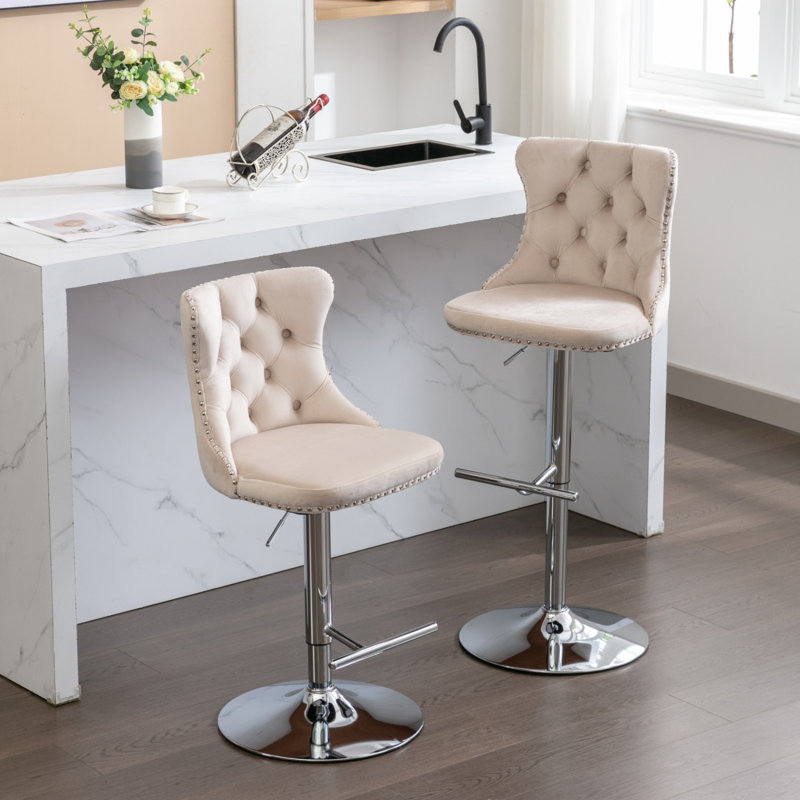 Tabourets de bar réglables en velours avec dossier capitonné pour la maison et la cuisine, Beige