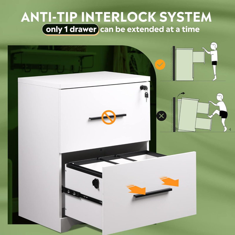 2-Drawer Wood Lateral File Cabinet With Lock For Home Office, White