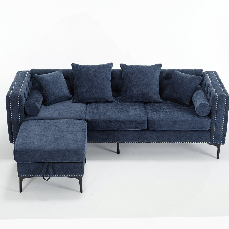 L Shaped Sectional Sofa , Convertible Storage Ottoman,Chenille ,Square Arm, Dark Gray Chenille