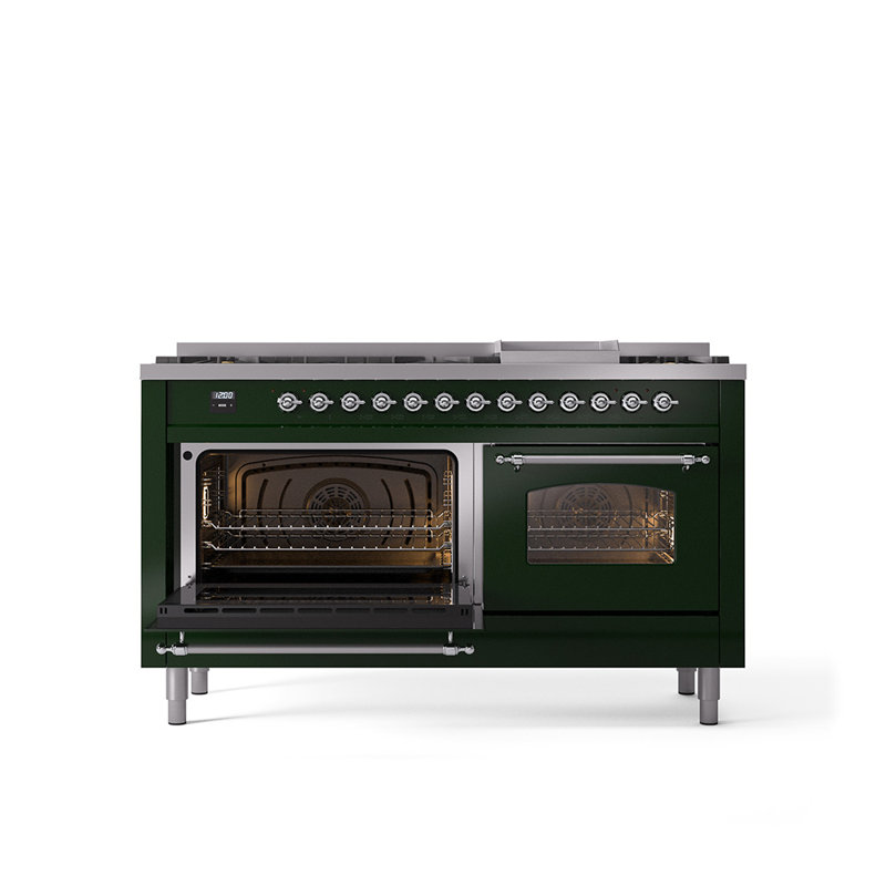 ILVE Nostalgie II 60 Dual Fuel Range, 9 Burners, Griddle, Liquid Propane, Emerald Green/Chrome