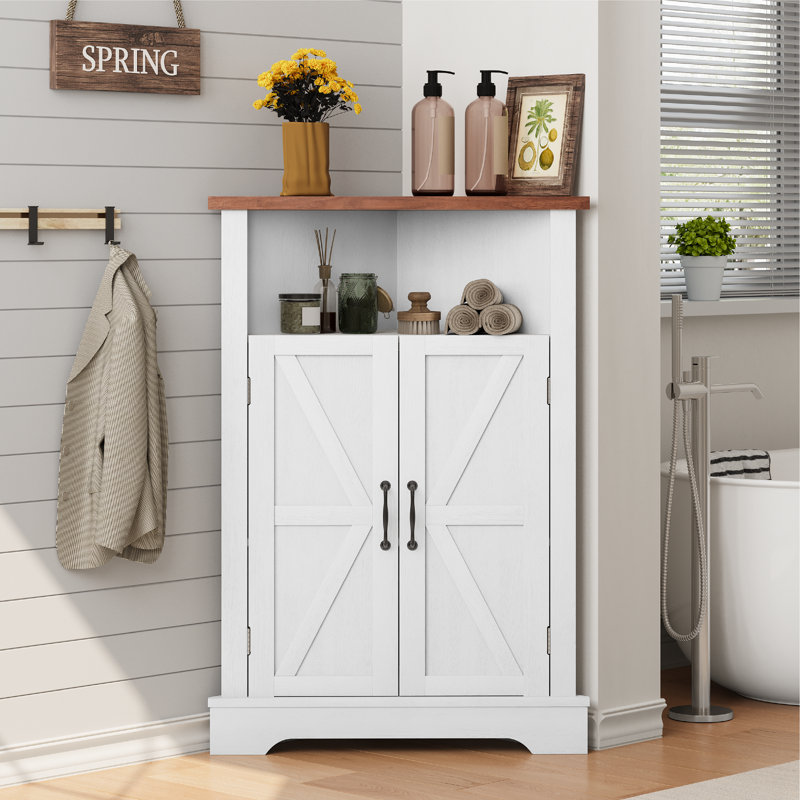 Free Standing Triangle Bathroom Storage Cabinet with Doors & Adjustable Shelves, Home Organizer For Kitchen & Living Room,White