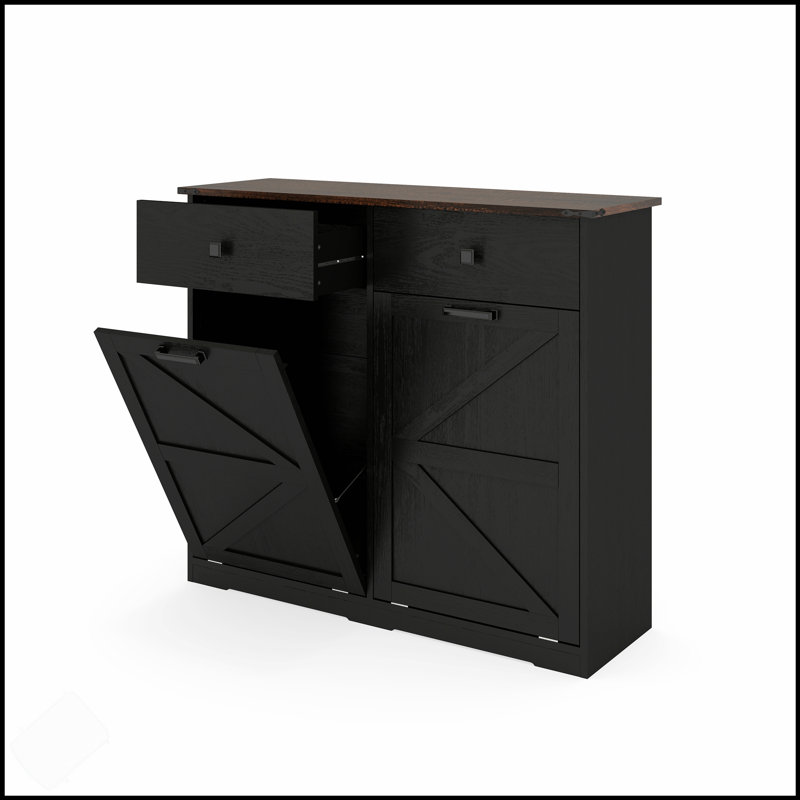 Farmhouse Black Double Tilt Out Trash Cabinet For 20 Gallon Cans, Free Standing Recycling With Hideaway Drawer, Barn Door Style