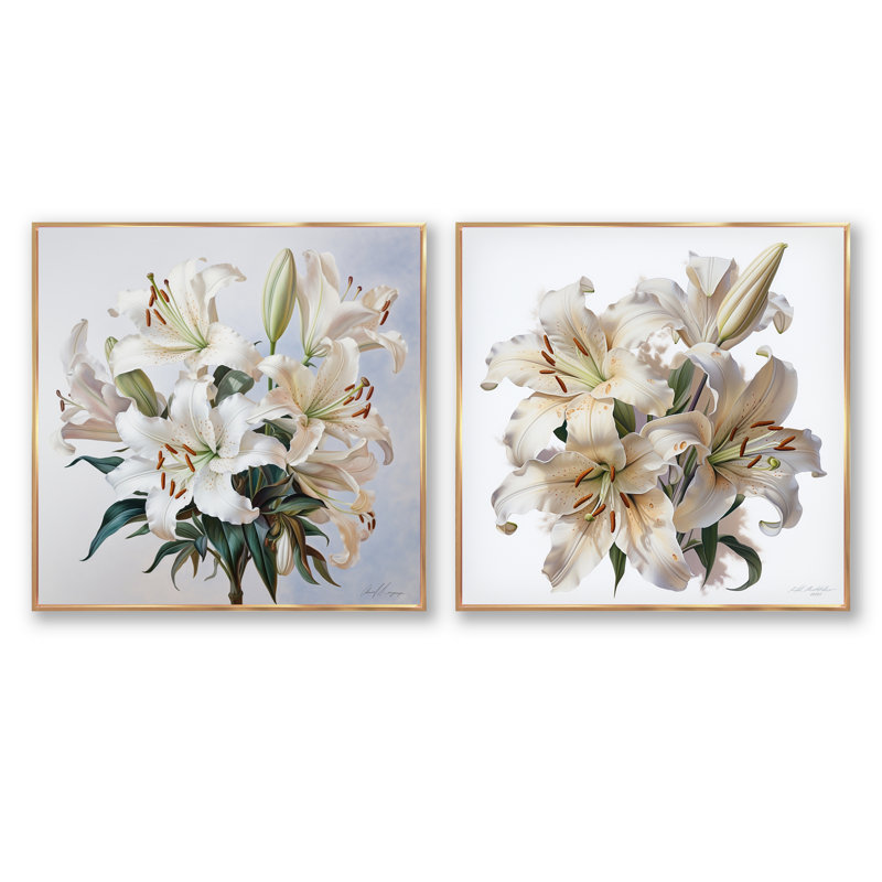Ensemble de 2 fleurs de lis Lily Blossom Ballet, Cadre flottant doré, H 30 po x l 61 po