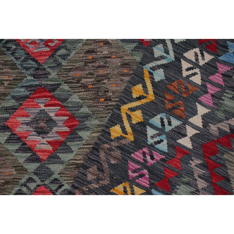 Tapis vert / gris anthracite en laine tissé à la main de style tribal / géométrique / tissé à la main 8 pi 2 po x 9 pi 8 po Cedorah