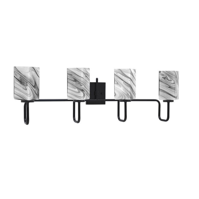 Barre d'éclairage de salle de bain 4 lumières Amarmula, finition noir mat, verre carré onyx tourbillon 3,5 po, Noir