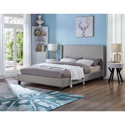 Modern Bouclé Upholstered Platform Bed with Wingback Headboard, No Box Spring Required, Contemporary Fabric Bed Frame Grey, King