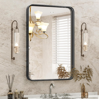 Miroirs de salle de bain rectangulaires arrondis avec cadre en métal noir pour mur de lavabo, grand miroir mat de 30 po x 22 po, décoration moderne pour les toilettes, la maison de campagne, la suspension horizontale ou verticale