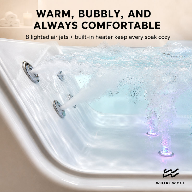 Baignoire balnéo autoportante en acrylique 170 x 71 cm avec chauffe-eau thermostatique, 8 jets d'eau, 8 jets d'air DEL, audio Bluetooth, panneau de commande numérique, appuie-tête et robinetterie inclus, vidange réversible (gauche/droite), blanche