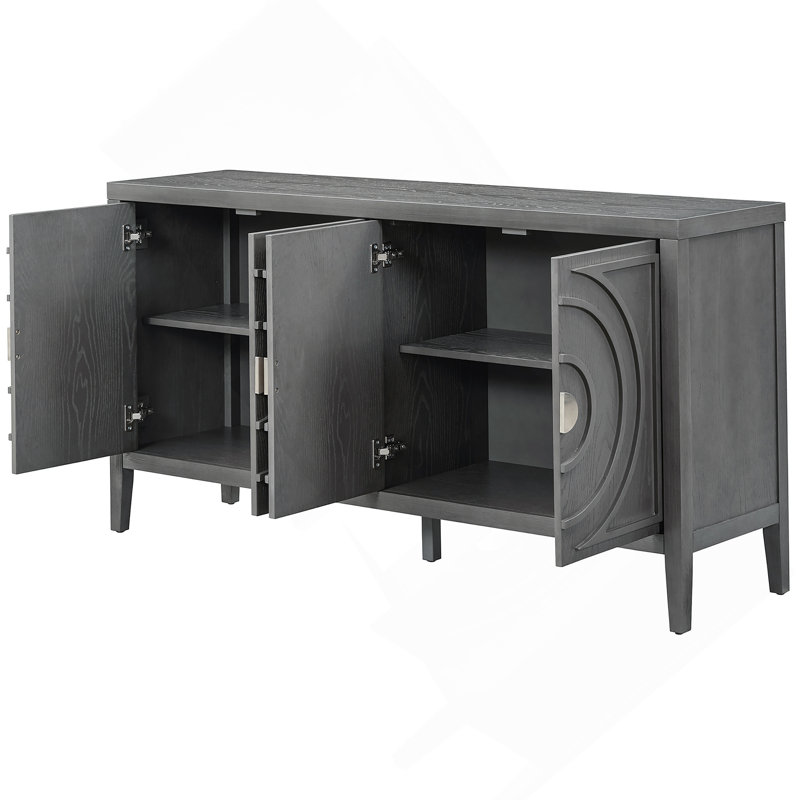 Porte de buffet rétro avec rainure circulaire de 60 po de largeur et armoire de salle à manger Floyds, Gris