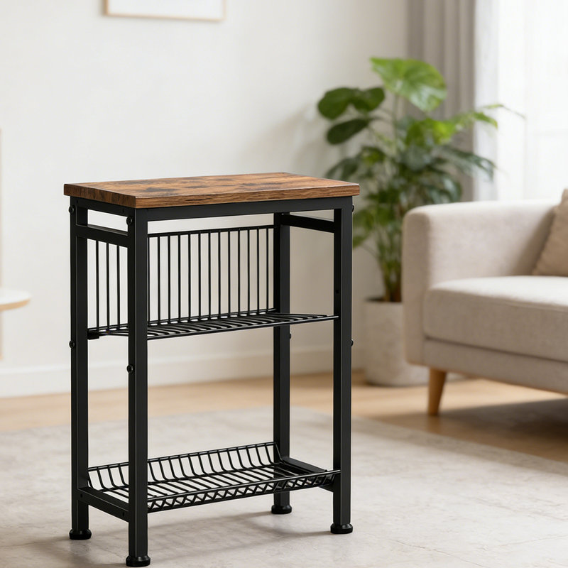 Small Nightstand, 3-Tier Narrow Side Table,Skinny Snack Couch Table, Black/Rustic Brown