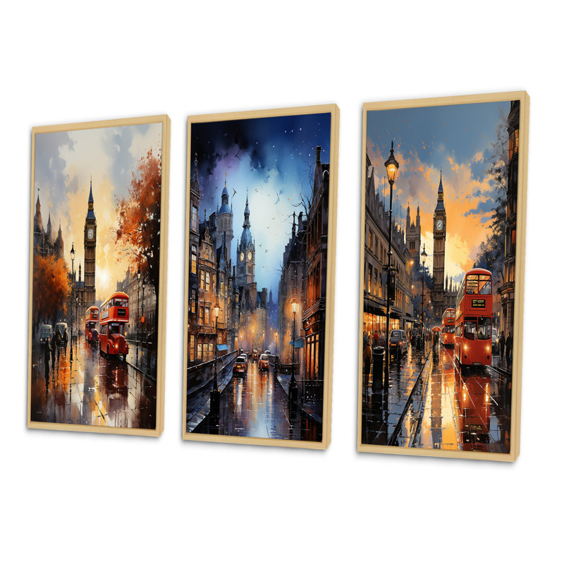 «England City Skylineengland Landscape III», 3 pièces sur toile, Encadré naturel, H 20 po x l 36 po