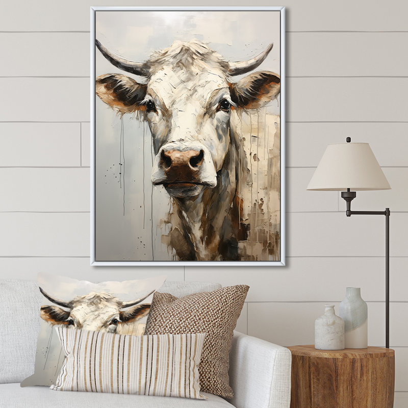 Minimalisme, portrait de vache beige I sur toile, H 40 po x l 30 po x P 1,5 po, Cadre flottant blanc