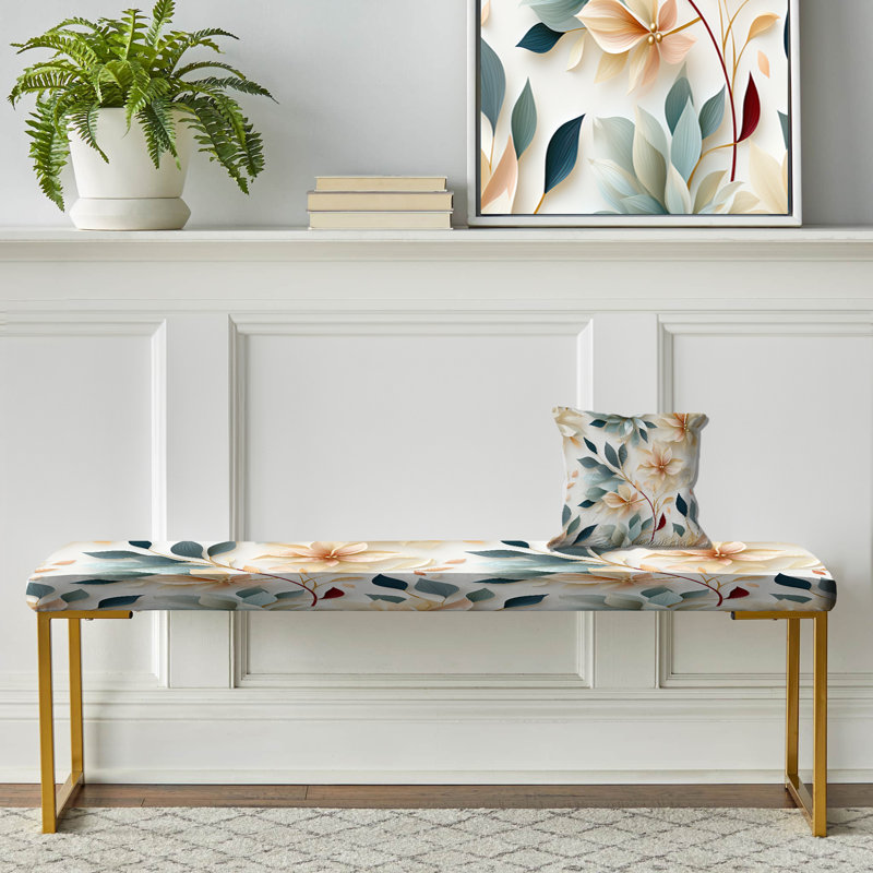 Subtle Whispers III - Floral Upholstered Gold Bench