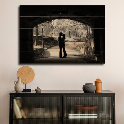 Wood Wall Art Print - 1960s Silhouette Of Anonymous Young Couple Embracing Kissing At Entrance To Central Park Tunnel New York City Usa by Vintage Images