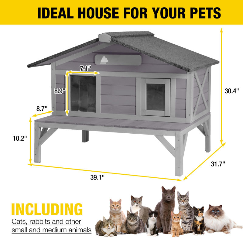 Abri extérieur en bois pour chat pour l'extérieur avec abri pour chat, Gris, Non
