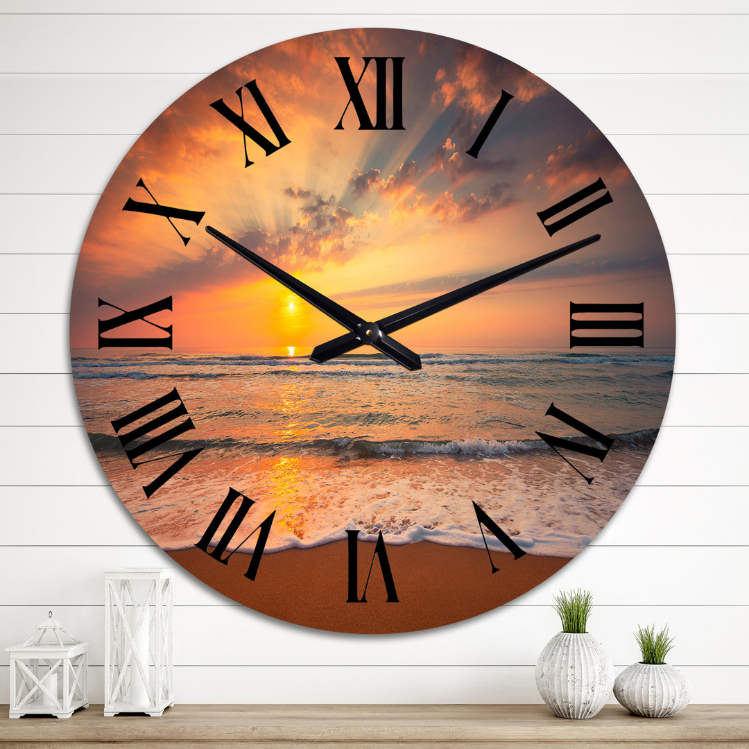 Sunset OVer Waves Breaking at the Shore - Nautical & Coastal Wall Clock East Urban Home 