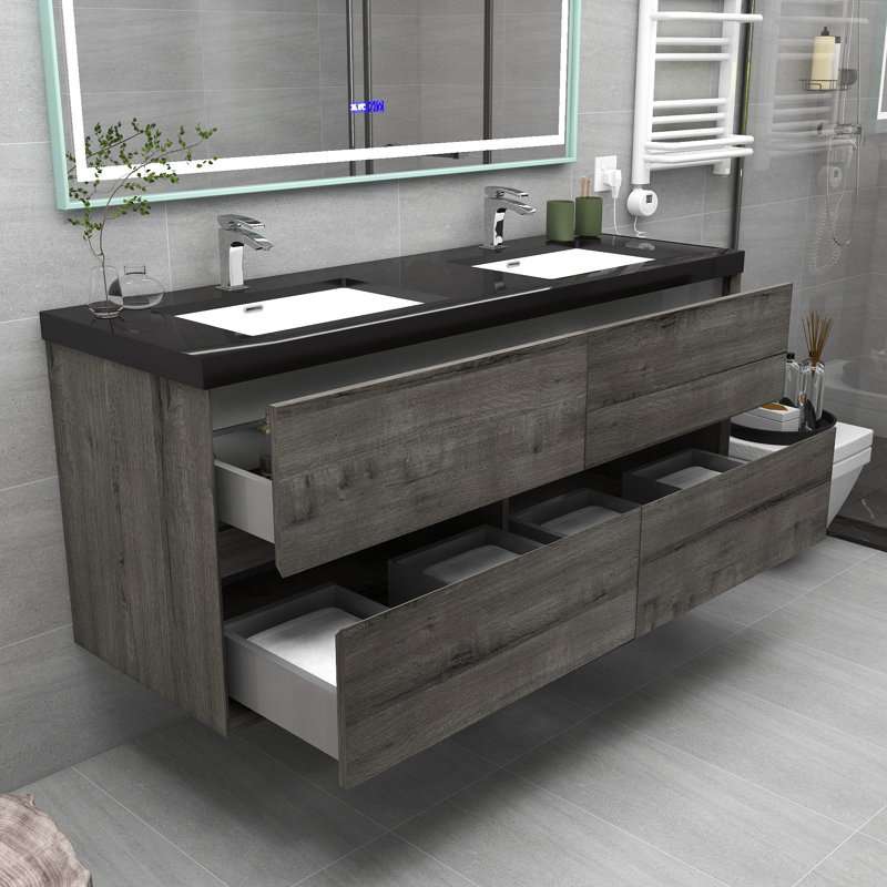 Smariti 60" Wall-Mounted Double Bathroom Vanity Set, Smoke Oak