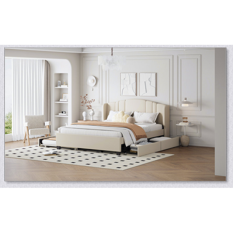 Lit plateforme tapissier avec tête de lit à oreilles, un lit gigogne et 2 tiroirs, aucun sommier nécessaire, Beige