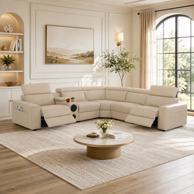 Ensemble de canapé modulaire inclinable électrique en cuir kaki 6 pièces avec console et coin