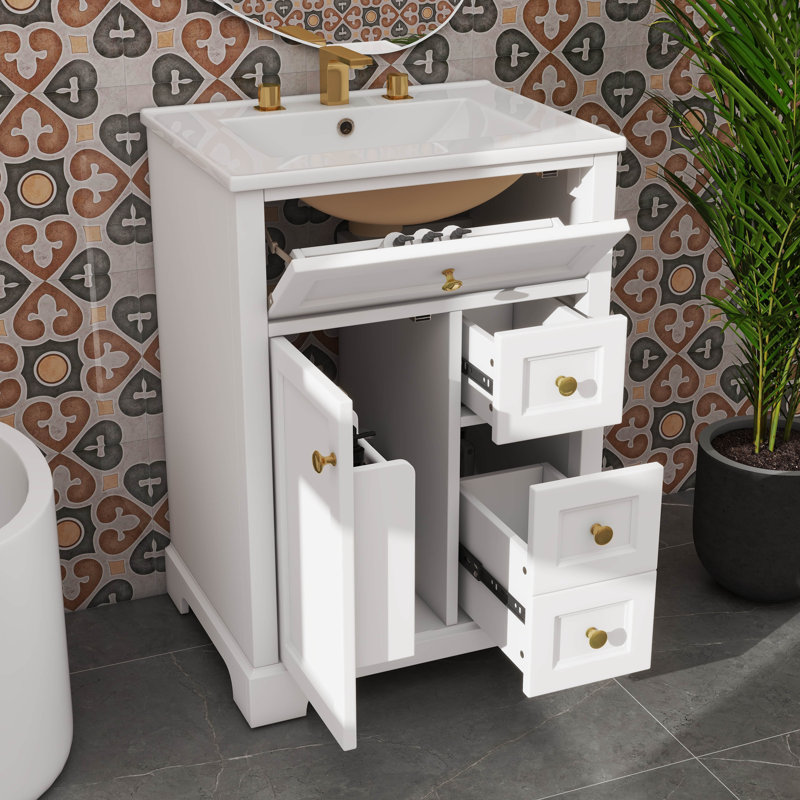 Meuble-lavabo de 24 po avec lavabo, armoire à 3 tiroirs et support de rangement à deux niveaux, Blanc