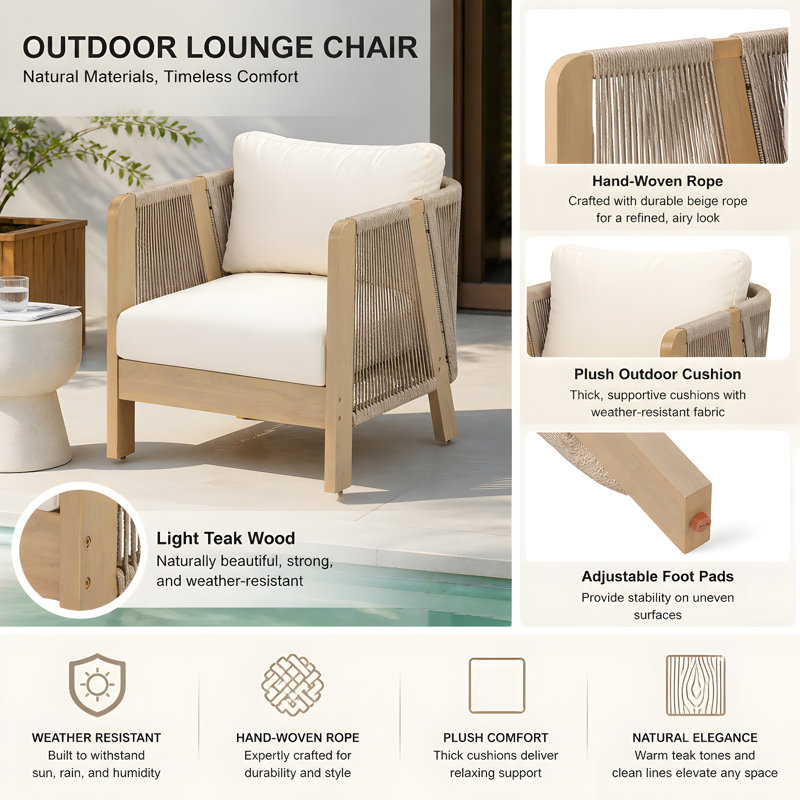 Fauteuils club d'extérieur en bois d'acacia massif Everett avec accoudoirs en corde tissée à la main Everett