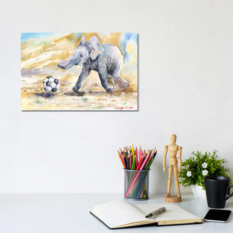 Elephant Calf And Ball by George Dyachenko - Wrapped Canvas Print, 20.32 cm H x 30.48 cm W