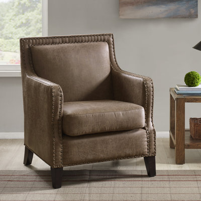 Marsona 28.5" Wide Rustic Industrial Faux Leather Upholstered Accent Armchair with Square Track Arms & Nailhead Trim