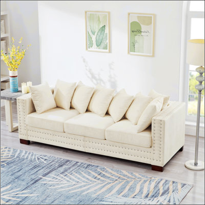 Modern Design Living Room Velvet Sofa With Square Armrests And Silver Nailhead Trim