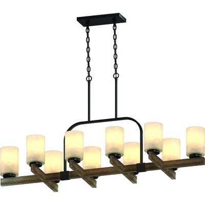 Khotan 10-Light Indoor Walnut Hanging Chandelier with White Cased Glass Cylinder Shades