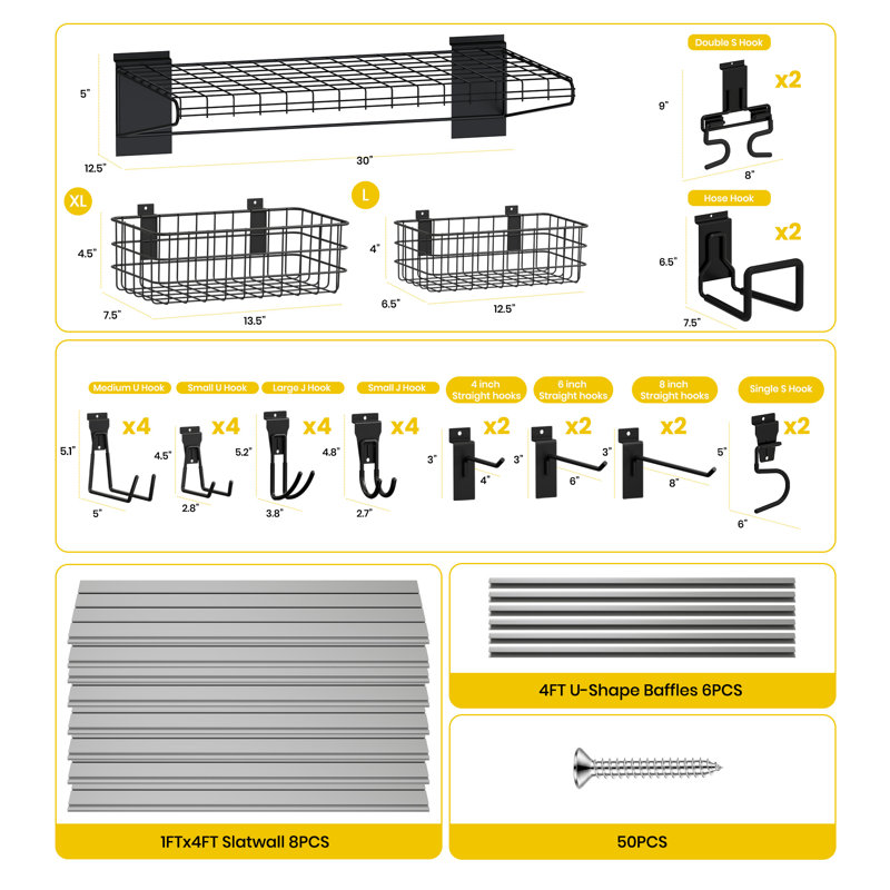 Système d'organisation de garage en PVC 8 pi x 4 pi avec 31 pièces Slatwall, Gris