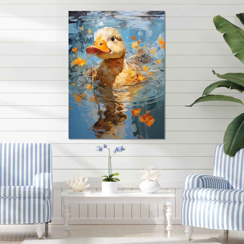 Yellow Ducklings Pond Reflections - Art mural animal de canard, Toile tendue, H 32 po x l 24 po