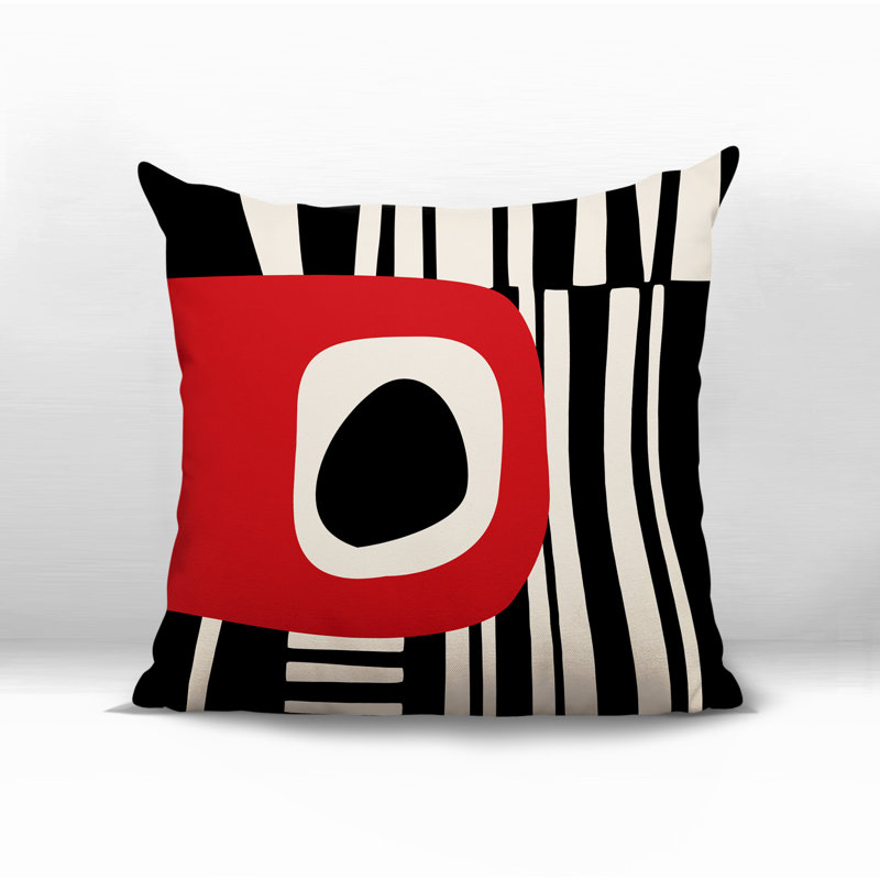 Oreiller carré réversible intérieur / extérieur Jina, Rouge / noir / blanc cassé abstrait, H 17 po x l 17 po