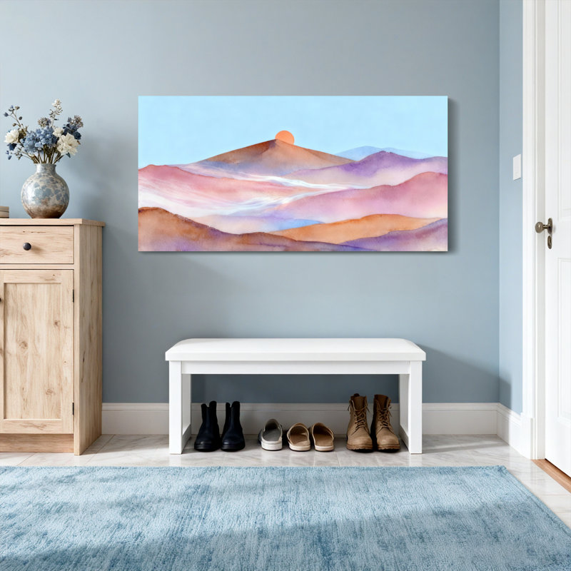 «Landscape & Nature Pastel Mountains Sunset Sky Aquarelle», reproduction d'art sur toile, H 20 po x l 40 po
