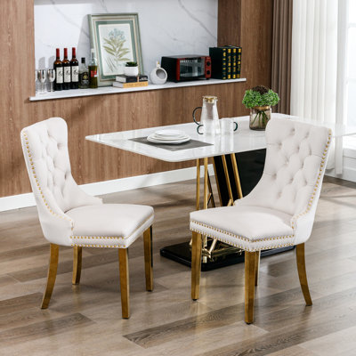 Contemporary Upholstered Dining Chair , Beige Velvet, Golden Stainless Steel Legs, Nailhead Trim, 2 Chairs, A&A Furniture Collection, Sw1601bg Solid Wood Handmade 2