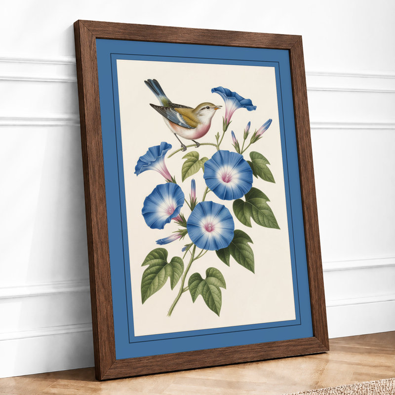 Songbird with Morning Glories Botanical - Framed Print, A4 - 29.7 x 21.0 cm, Walnut