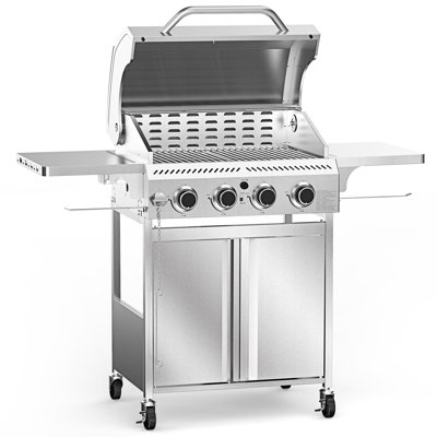 32000 BTU 4-Burner Propane Grill, Stainless Steel BBQ with Pulse Ignition & Locking Casters