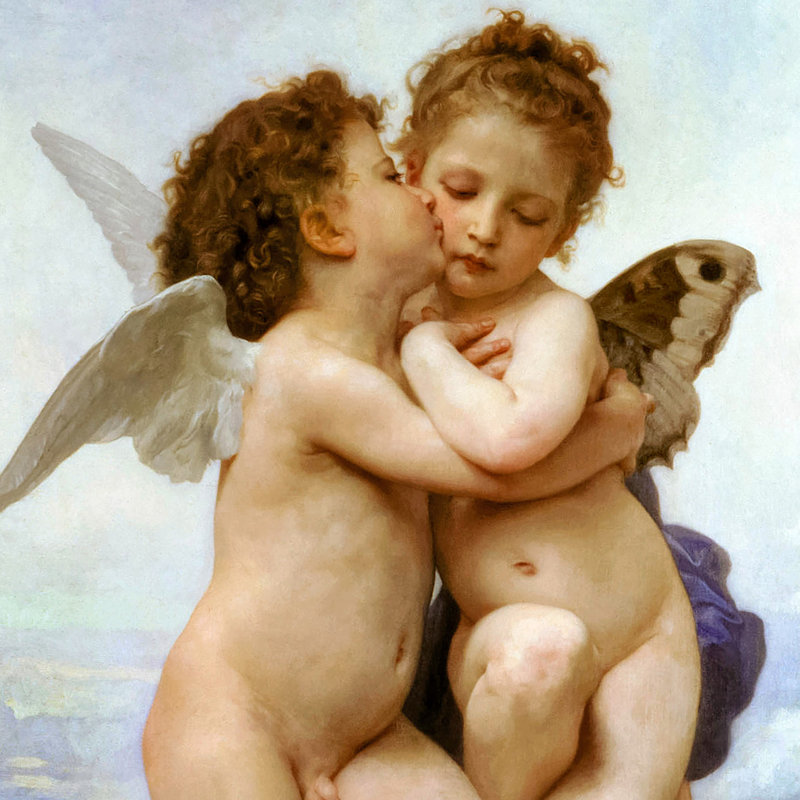 "Le premier baiser" par William-Adolphe Bouguereau sur toile, H 56,25 po x l 38,25 po