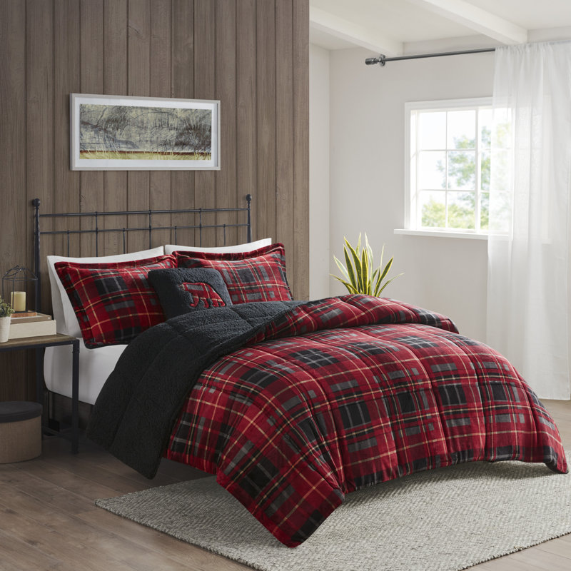 Alton Plush to Sherpa Down Alternative Ultra-Soft Comforter Set, Red Plaid, Queen Comforter + 2 Shams + 1 Decorative Pillow