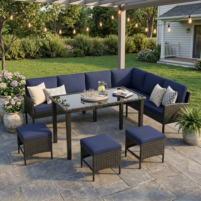 7 Piece Patio Furniture Set, High Curved Back Wicker Patio Sectional, All Weather Outdoor Dining Set, Outdoor Furniture Patio Conversation Set with Ottoman