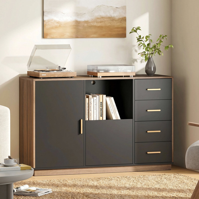 47.2"W - 5 Drawers Lateral File Cabinet with Door, Adjustable Shelves, Power Strip, and Open Storage for Home Office