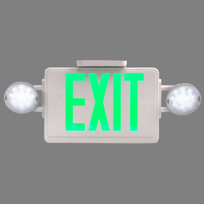 LED Exit+Emergency Combo: 2 Adjustable Heads, Green Lettering, All-In-1 Design