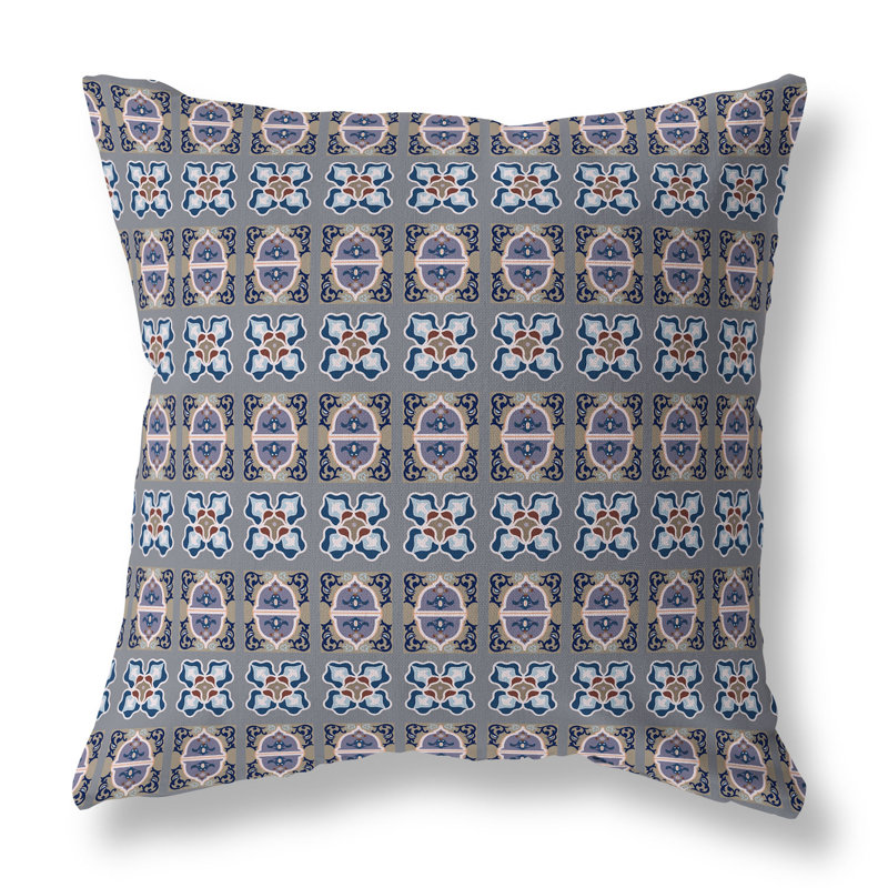 Coussin décoratif réversible intérieur / extérieur Darbari Dynasty, H 26 po x l 26 po, Bleu / gris / zinc