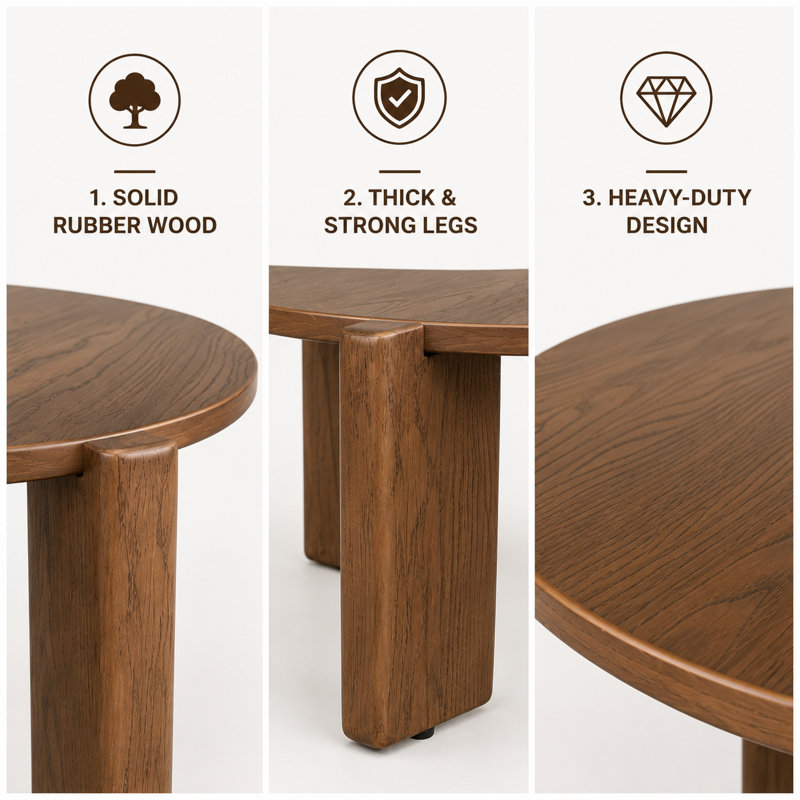 Claremont Solid Rubberwood Coffee Table for Living Room, Wood Round Tea Table with Solid Legs for Bedroom, Brown Wood/Brown